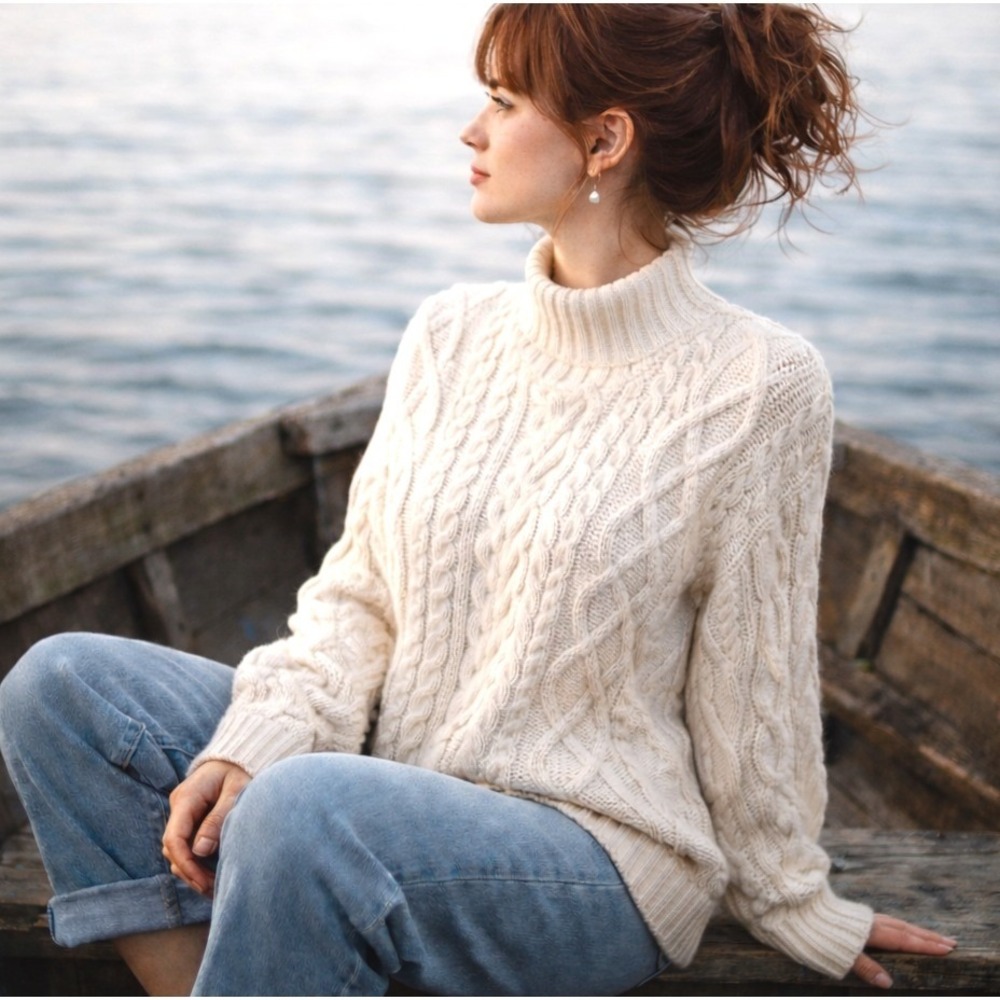Paradox Fisherman Aran Sweater Womens L Mock Neck Pure Cotton Chunky Cable Knit